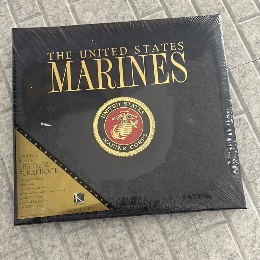 United States Marines die-cast Medallion Blue and Gold Leather Scrapbook
